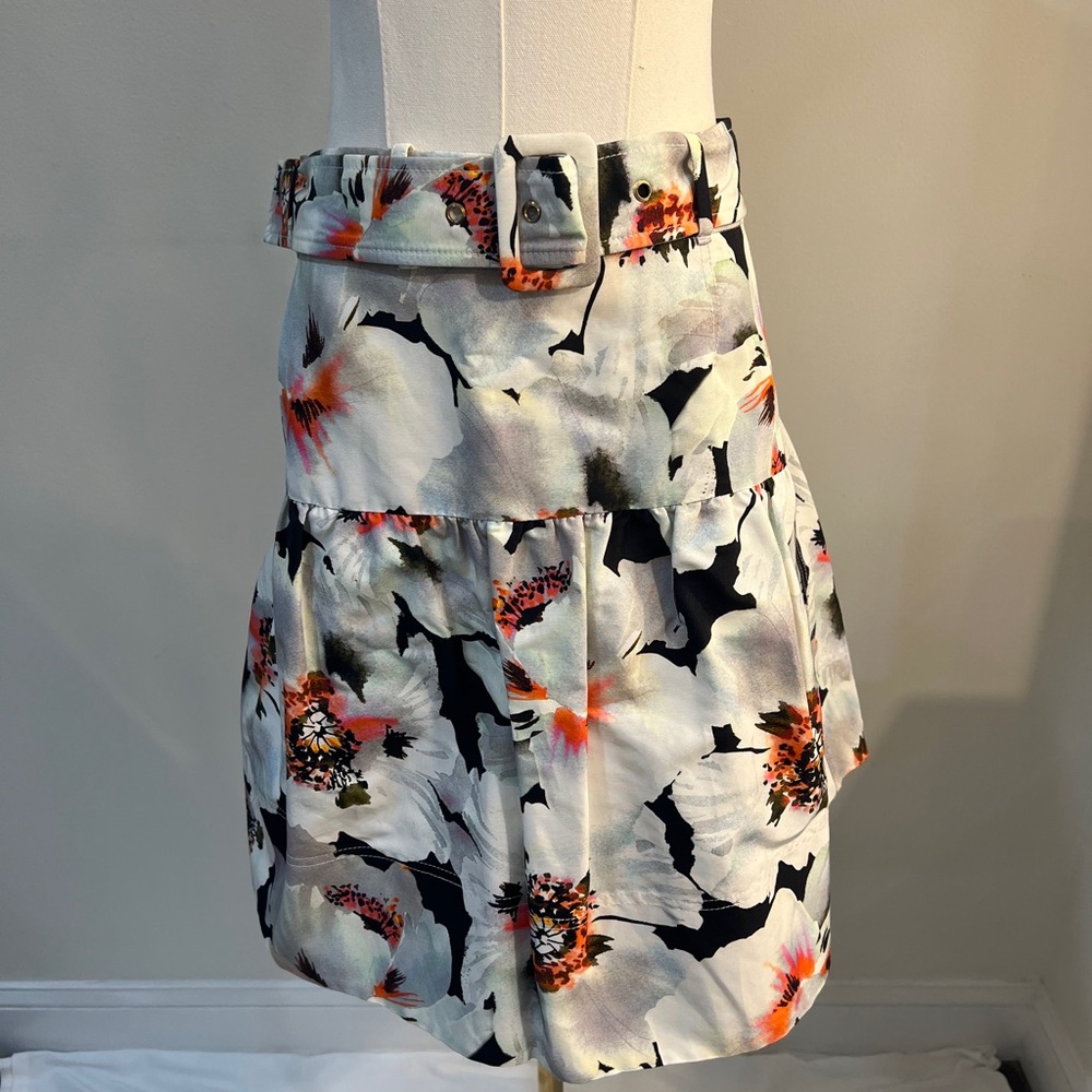 Tanya Taylor White Mini Skirt with Black & Orange Floral Print